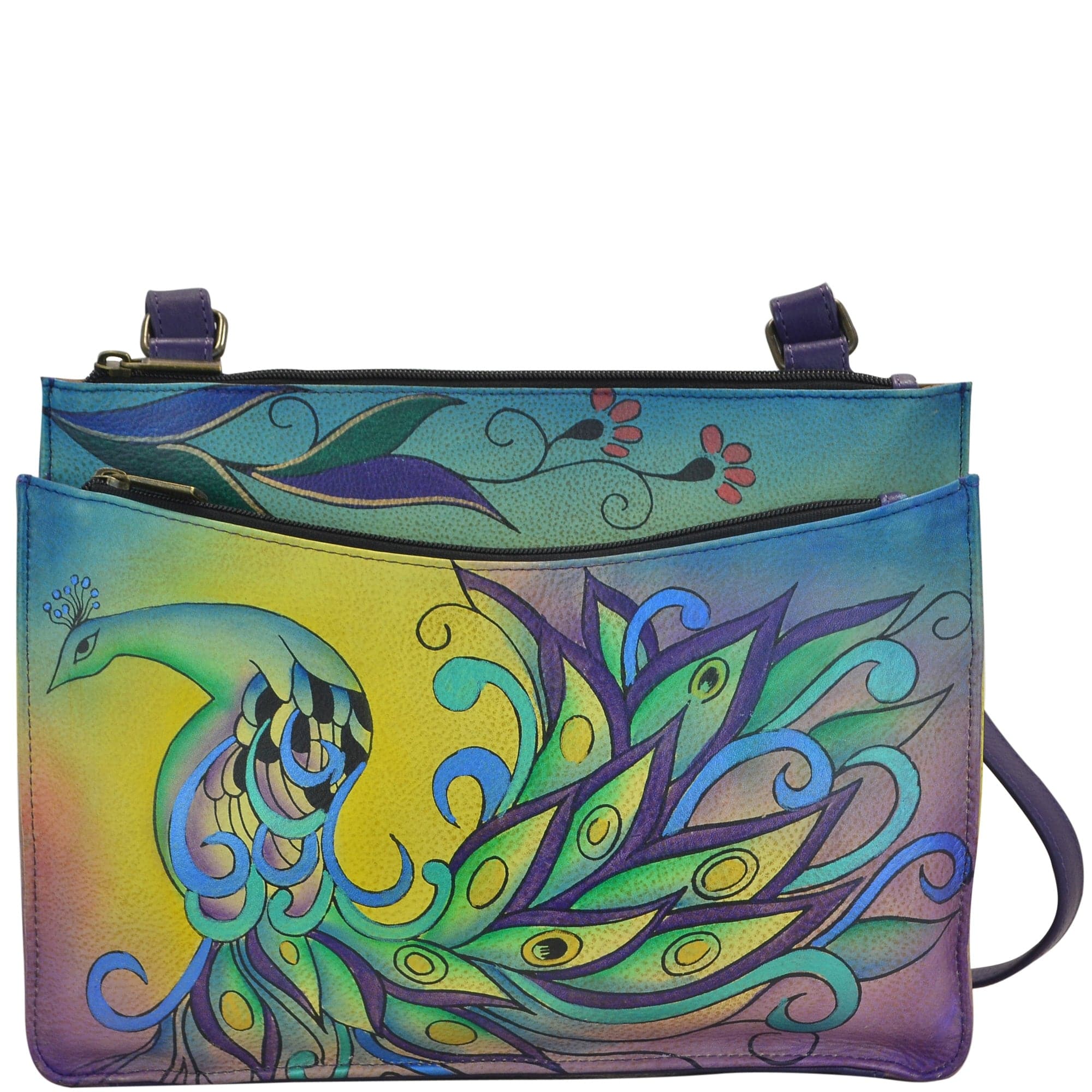 Anna by Anuschka style 8168, handpainted Multi Compartment Crossbody. Royal Peacock Eggplant painting in purple color. Featuring two zippered and one magnetic snap button entry to three compartments, Fits tablet, Fits E-Reader.