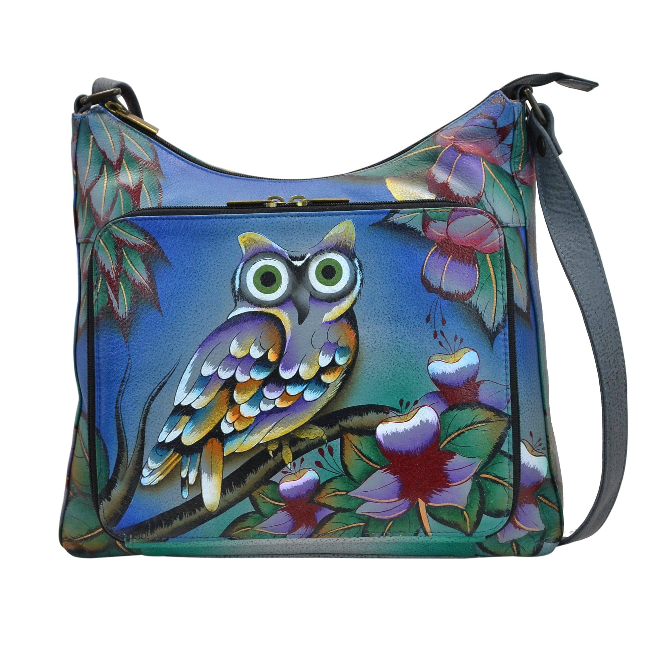 Anna by Anuschka style 8178, handpainted Large Organizer. Midnight Owl painting in multi color. Featuring one all around zippered organizer with two open pockets, four credit card holder, one ID window, and a cell pocket, Built-in organizer, Fits tablet, Fits E-Reader.