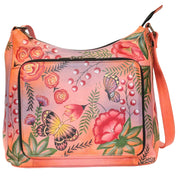 Anna by Anuschka style 8178, handpainted Large Organizer. Summer Garden painting in red/wine color. Featuring one all around zippered organizer with two open pockets, four credit card holder, one ID window, and a cell pocket, Built-in organizer, Fits tablet, Fits E-Reader.