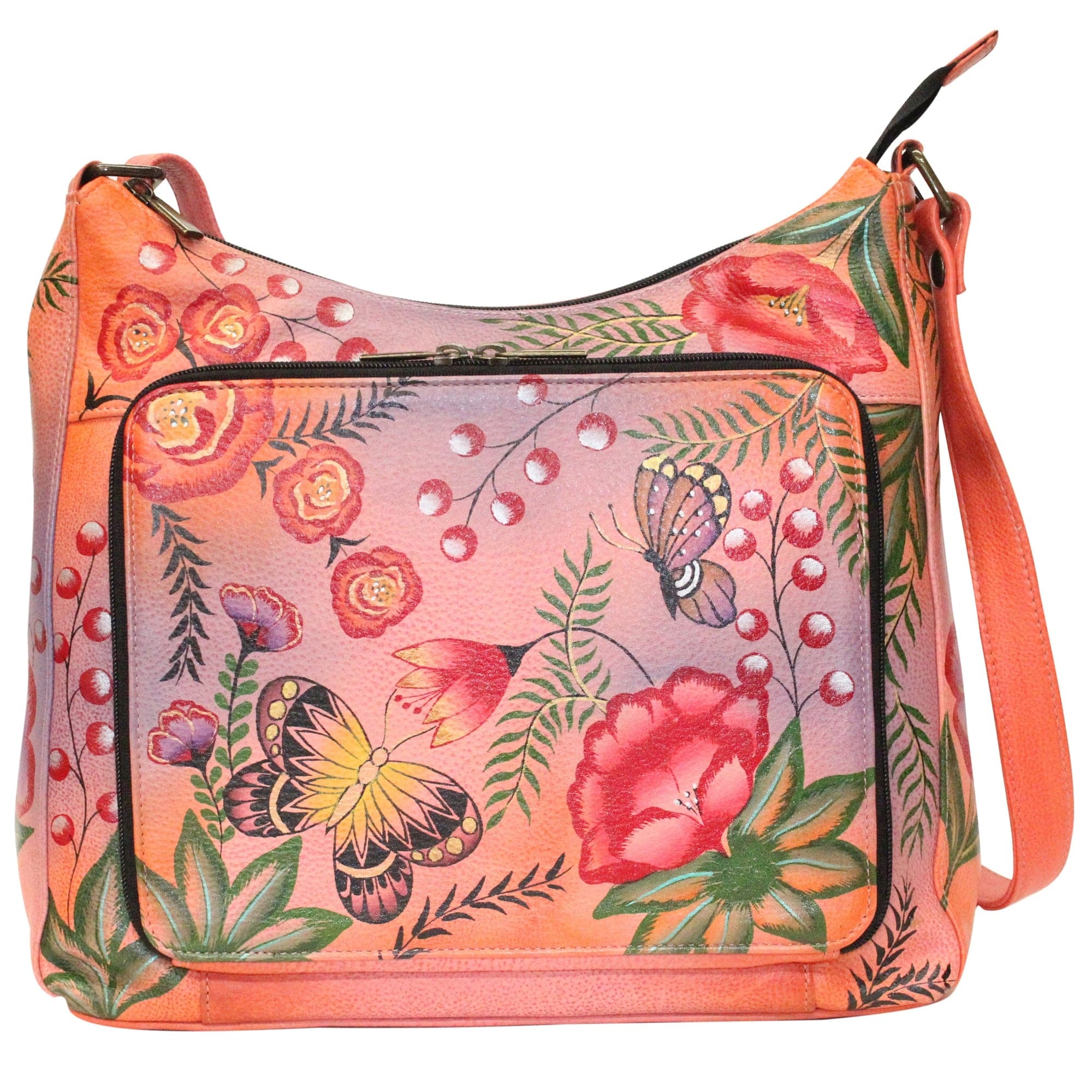 Anna by Anuschka style 8178, handpainted Large Organizer. Summer Garden painting in red/wine color. Featuring one all around zippered organizer with two open pockets, four credit card holder, one ID window, and a cell pocket, Built-in organizer, Fits tablet, Fits E-Reader.