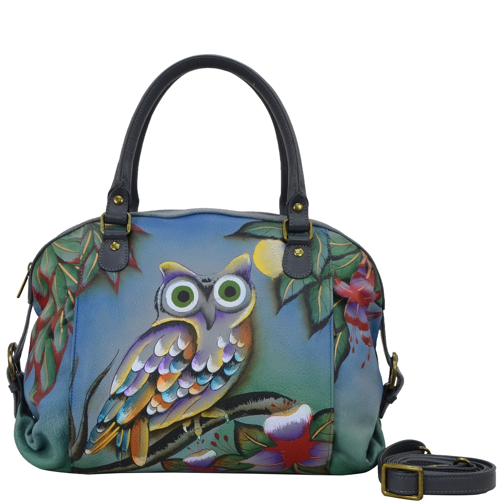 Anna by Anuschka style 8179, handpainted Medium Satchel. Midnight Owl painting in multi color. Featuring two multi-purpose pocket and open wall pocket, Fits Laptop, Removable strap.