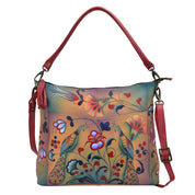 Anna by Anuschka style 8188, handpainted Convertible Shoulder Bag. Turkish Pottery painting in multi color. Featuring inside one zippered wall pocket, one open wall pocket, two multipurpose pockets, Fits tablet, Fits E-Reader, Fits Laptop, Removable strap.