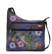 Anna by Anuschka style 8199, handpainted Assymetric Crossbody. Bird on a Branch Grey painting in grey color. Featuring inside one full length zippered pocket, one open wall pocket, two multipurpose pockets, Fits E-Reader, Fits tablet.