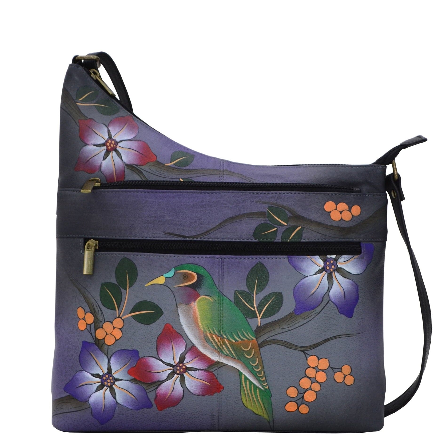 Anna by Anuschka style 8199, handpainted Assymetric Crossbody. Bird on a Branch Grey painting in grey color. Featuring inside one full length zippered pocket, one open wall pocket, two multipurpose pockets, Fits E-Reader, Fits tablet.