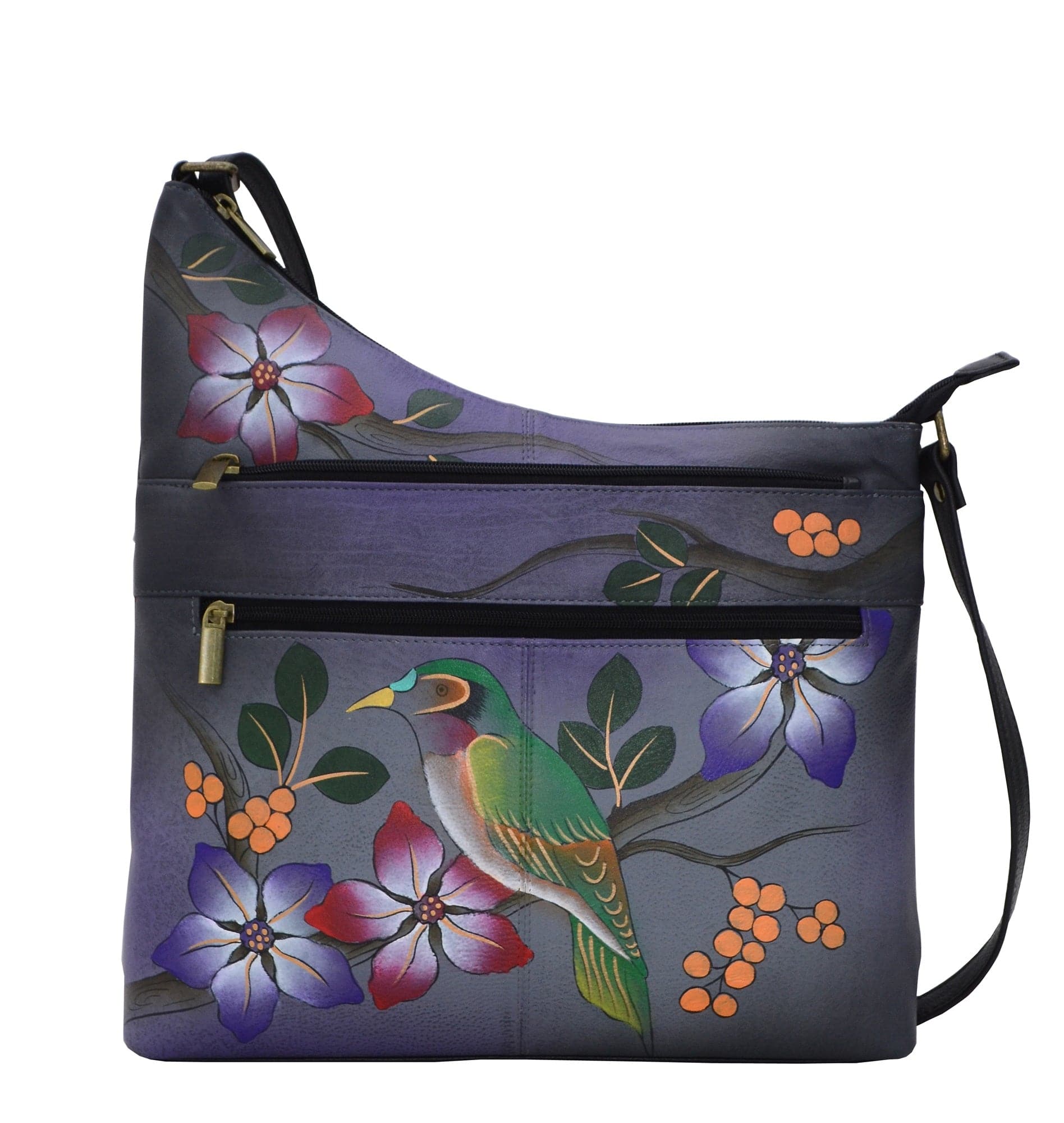 Anna by Anuschka style 8199, handpainted Assymetric Crossbody. Bird on a Branch Grey painting in grey color. Featuring inside one full length zippered pocket, one open wall pocket, two multipurpose pockets, Fits E-Reader, Fits tablet.