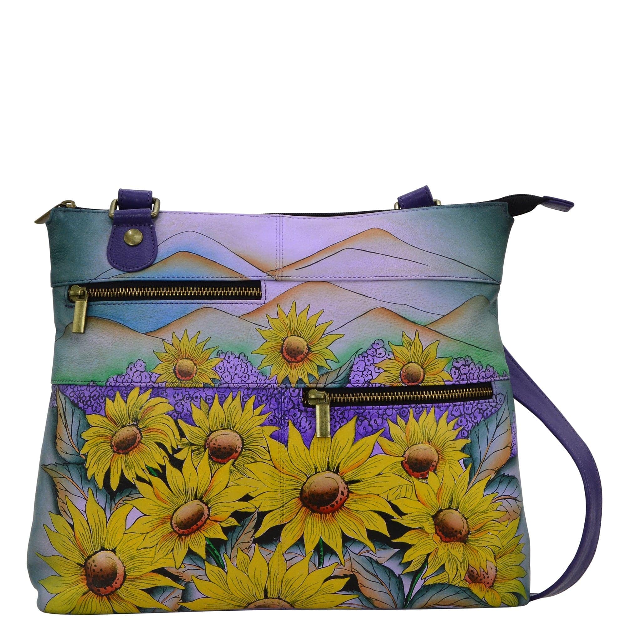 Anna by Anuschka style 8203, handpainted Large Crossbody. Hills Of Tuscany painting in multi color. Featuring inside one full length zippered wall pocket, one open wall pocket, Fits tablet, Fits Laptop, Fits E-Reader.