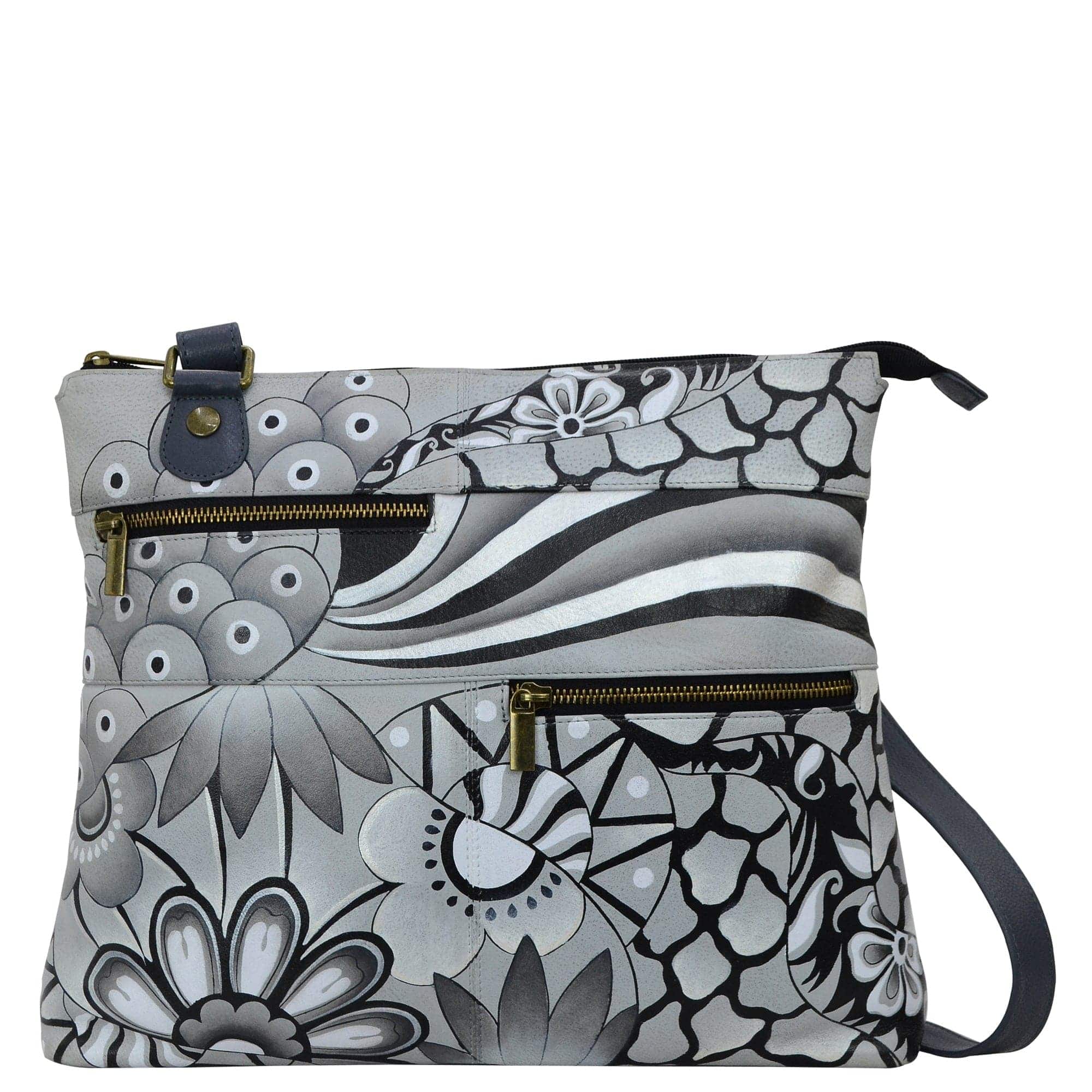 Anna by Anuschka style 8203, handpainted Large Crossbody. Patchwork Pewter painting in grey color. Featuring inside one full length zippered wall pocket, one open wall pocket, Fits tablet, Fits Laptop, Fits E-Reader.