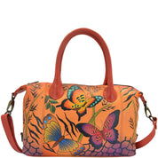 Anna by Anuschka style 8210, handpainted Medium Satchel. Animal Butterfly Tangerine painting in orange color. Featuring inside open wall pocket, full length zippered wall pocket, two multipurpose pockets, Fits tablet, Fits E-Reader.