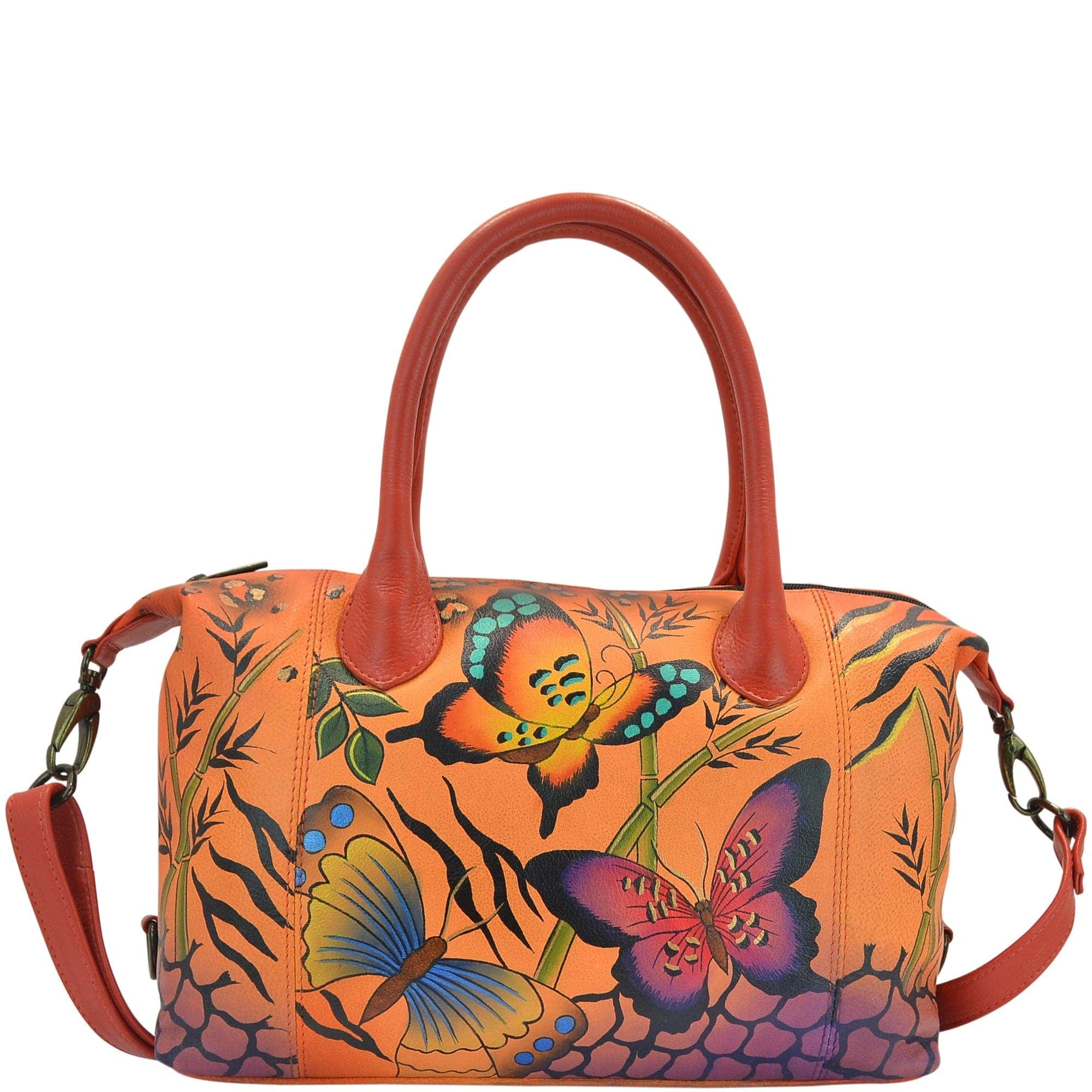 Anna by Anuschka style 8210, handpainted Medium Satchel. Animal Butterfly Tangerine painting in orange color. Featuring inside open wall pocket, full length zippered wall pocket, two multipurpose pockets, Fits tablet, Fits E-Reader.