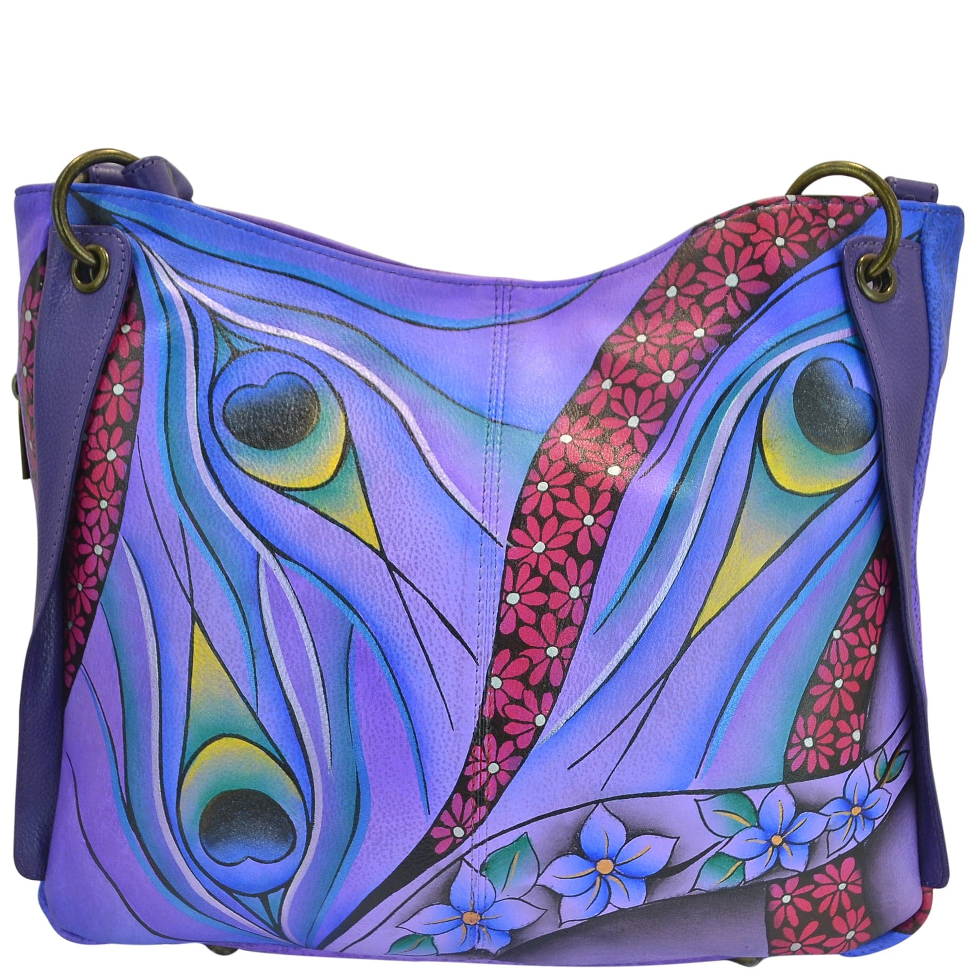 Anna by Anuschka style 8211, handpainted Shoulder Bag. Dreamy Peacock Dewberry painting in purple color. Featuring magnetic snap button entry to main compartment, inside one full length zippered wall pocket, one open wall pocket, two multipurpose pockets.