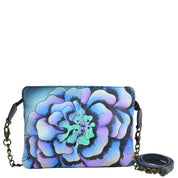 Anna by Anuschka style 8213, handpainted Small Crossbody. Marigold Denim painting in blue color. Featuring inside one zippered full length wall pocket, one cell pocket, Removable strap, Fits phone.