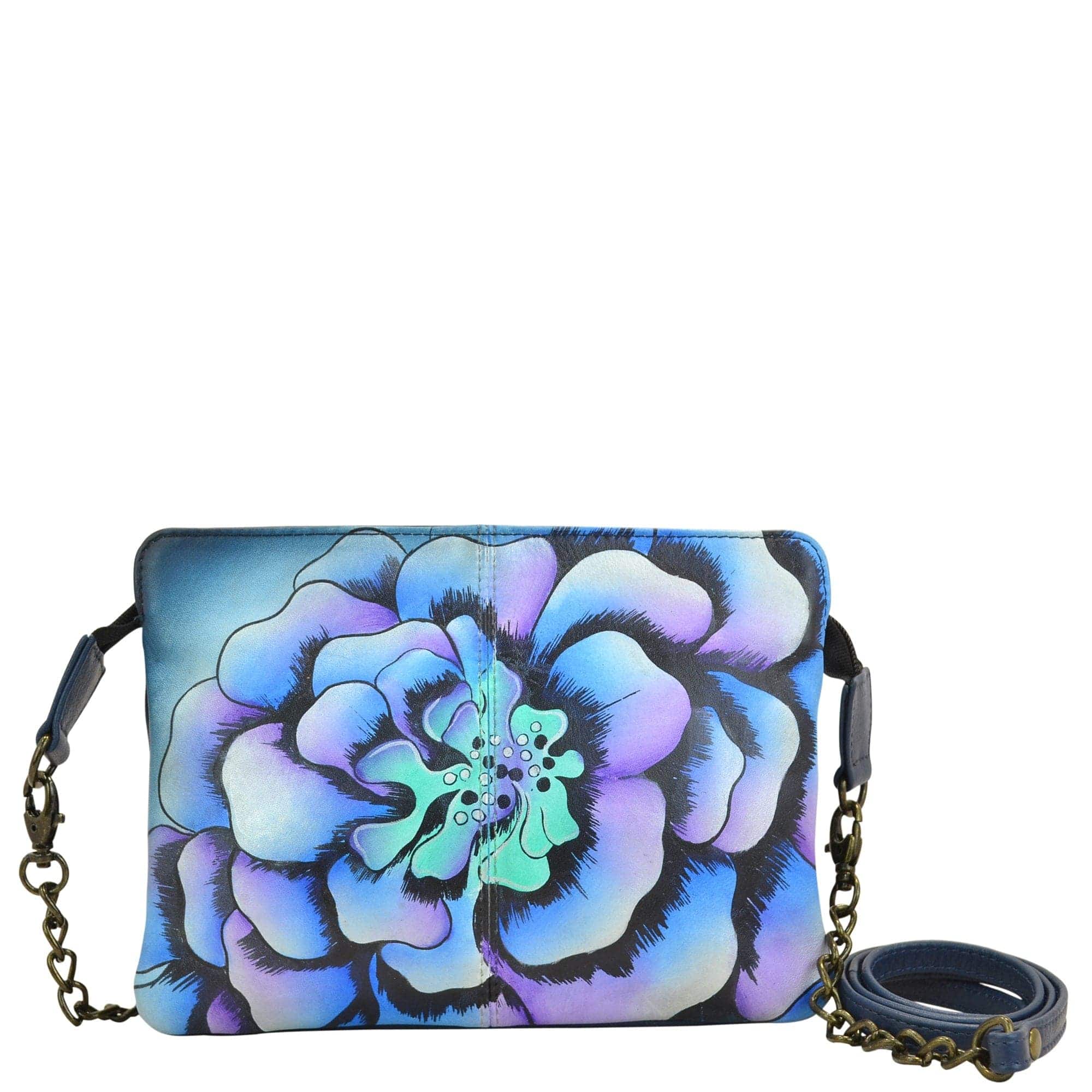 Anna by Anuschka style 8213, handpainted Small Crossbody. Marigold Denim painting in blue color. Featuring inside one zippered full length wall pocket, one cell pocket, Removable strap, Fits phone.