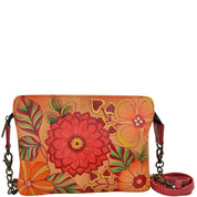 Anna by Anuschka style 8213, handpainted Small Crossbody. Summer Bloom painting in orange color. Featuring inside one zippered full length wall pocket, one cell pocket, Removable strap, Fits phone.