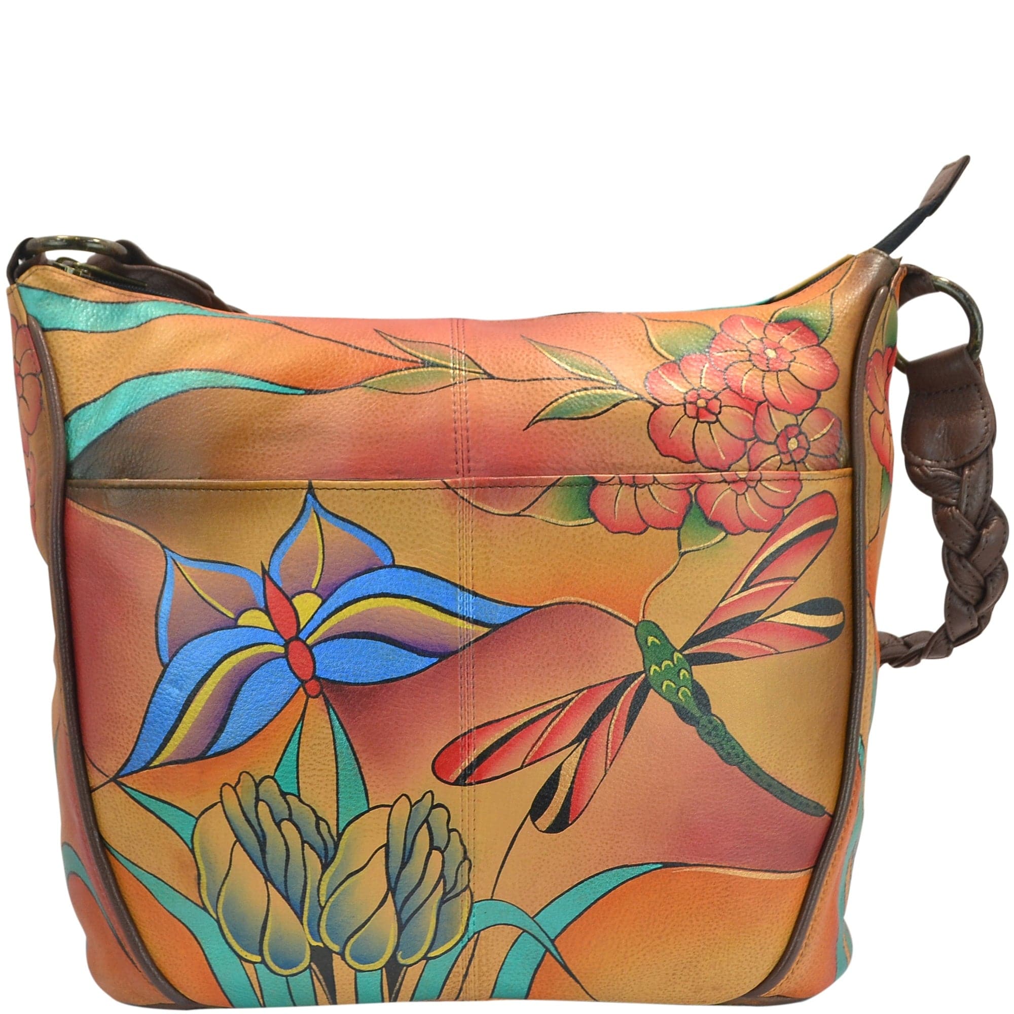 Anna by Anuschka style 8220, handpainted Shoulder Hobo. Jewel Wings painting in orange color. Featuring inside one zippered wall pocket, one open wall pocket, two multipurpose pockets, Fits Laptop.