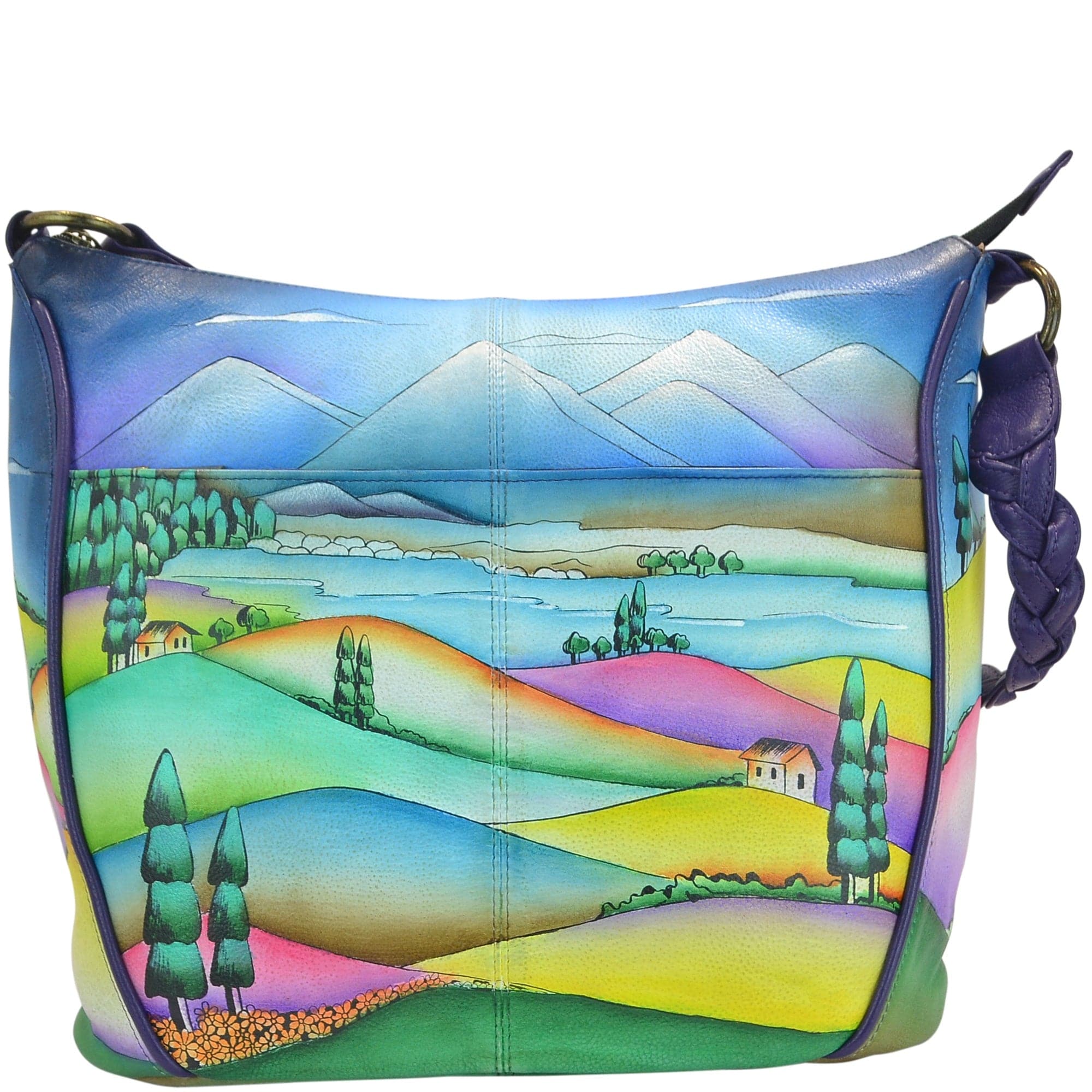 Anna by Anuschka style 8220, handpainted Shoulder Hobo. Timeless Tuscany painting in blue color. Featuring inside one zippered wall pocket, one open wall pocket, two multipurpose pockets, Fits Laptop.