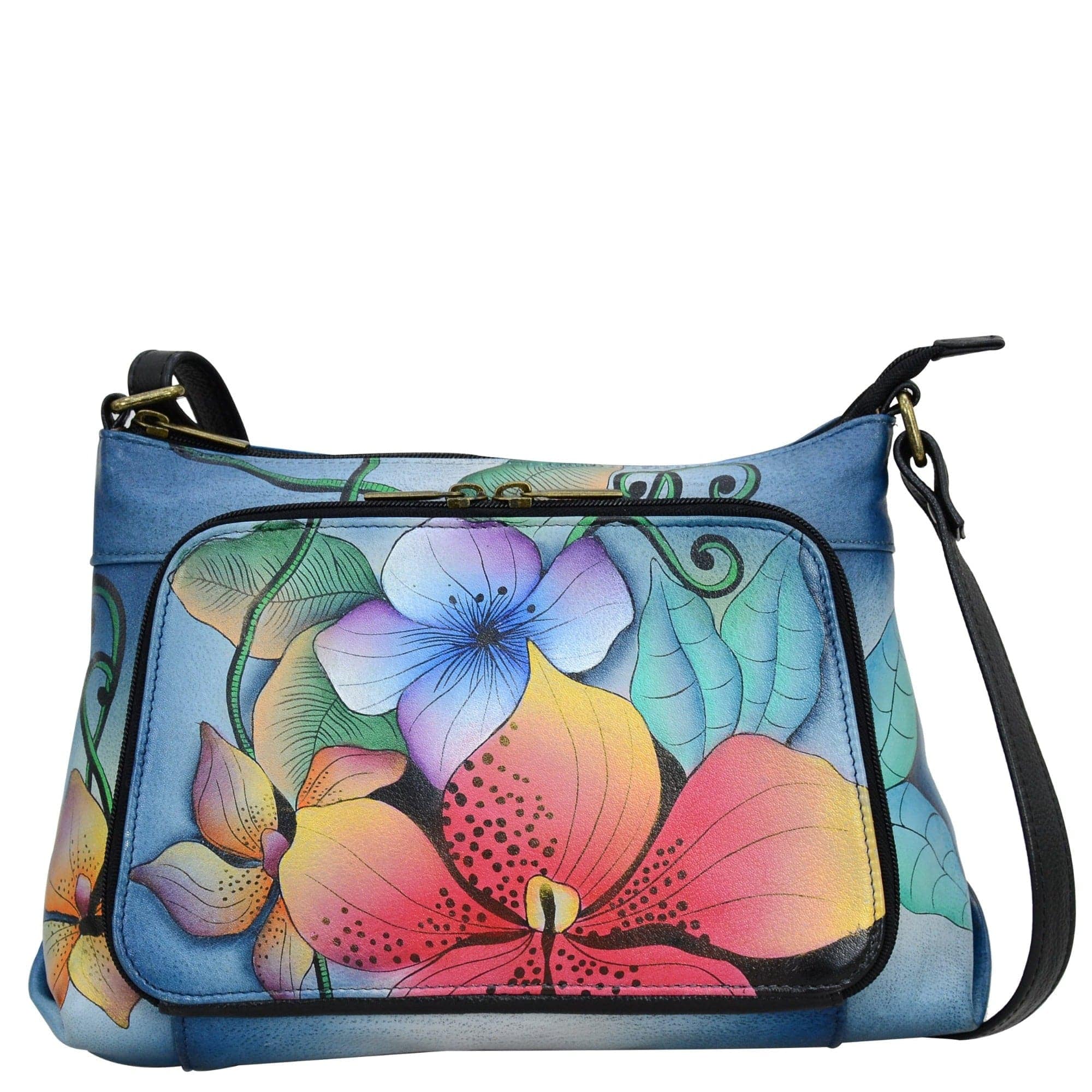 Anna by Anuschka style 8238, handpainted Crossbody Organizer. Midnight Floral painting in black color. Featuring all round zippered entry, Inside one open pocket, one ID window, 4 credit card holders, one mobile case, Built-in organizer, Fits E-Reader, Fits tablet.