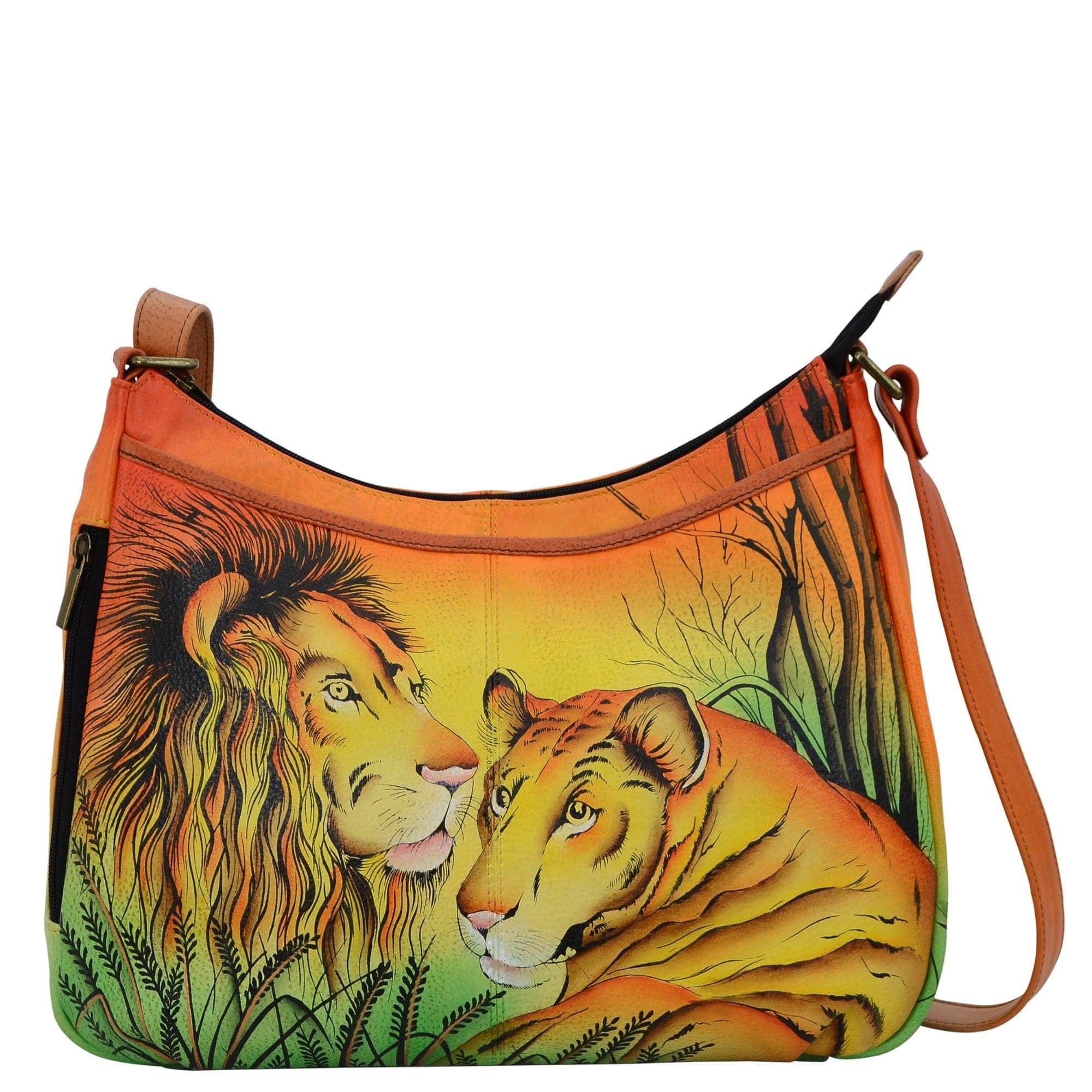 Anna by Anuschka style 8241, handpainted Cross Body Hobo. Lion In Love painting in yellow color. Featuring two vertical zippered pocket at gusset, Fits E-Reader, Fits tablet, Fits Laptop.