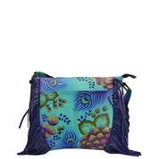 Anna by Anuschka style 8246, handpainted Fringed Crossbody. Peacock Garden painting in green/mint color. Featuring inside one full length zippered wall pocket, Fits E-Reader, Fits tablet, Fits Laptop.
