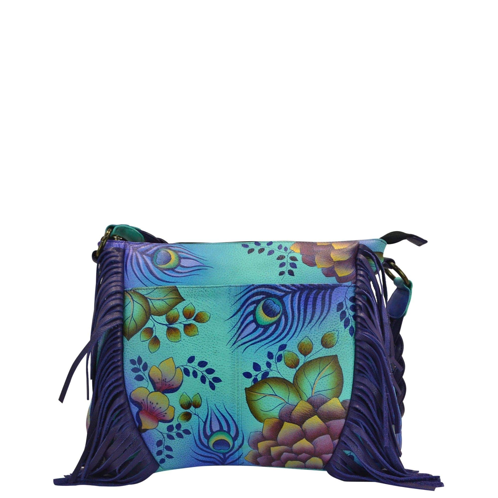 Anna by Anuschka style 8246, handpainted Fringed Crossbody. Peacock Garden painting in green/mint color. Featuring inside one full length zippered wall pocket, Fits E-Reader, Fits tablet, Fits Laptop.