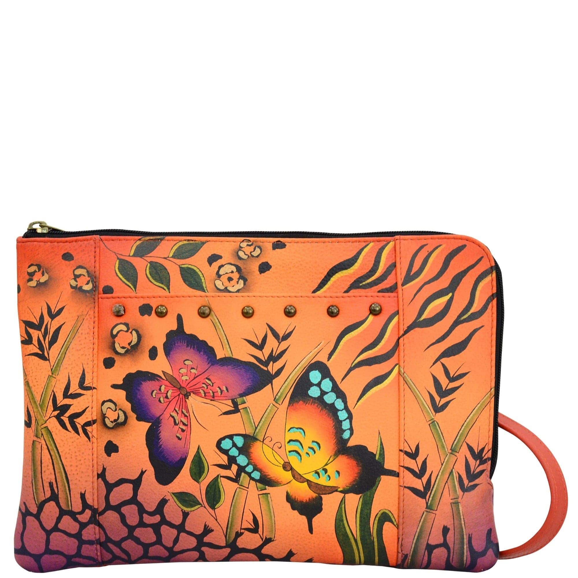 Anna by Anuschka style 8247, handpainted Medium Cross Body Organizer. Animal Butterfly Tangerine painting in orange color. Featuring inside one zippered wall pocket, Three card holders, two multipurpose pockets, Fits E-Reader, Fits tablet, Built-in organizer.