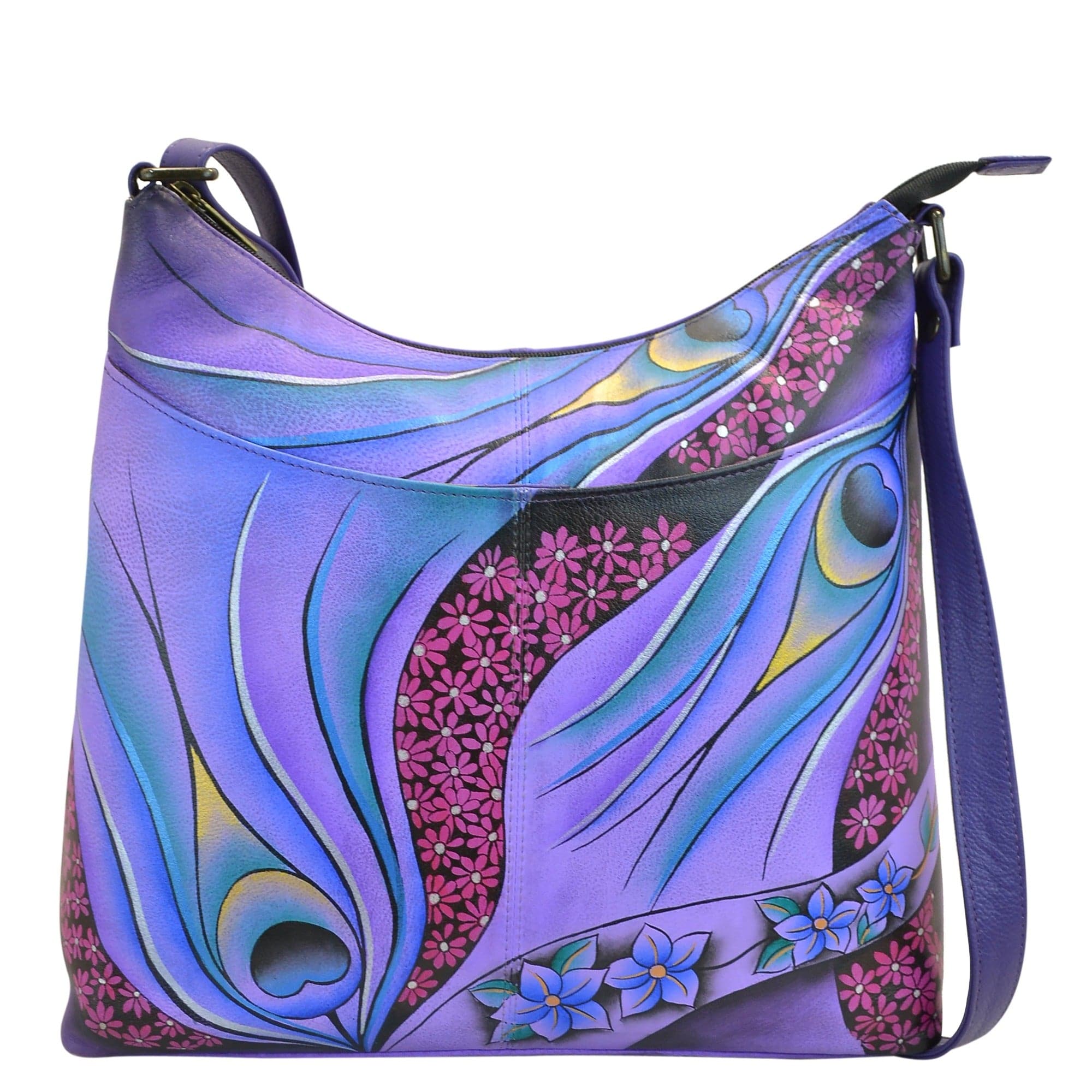 Anna by Anuschka style 8251, handpainted Large Organizer Cross Body. Dreamy Peacock Dewberry painting in purple color. Featuring inside open wall pocket, full length zippered wall pocket, two multipurpose pockets. four credit card Holders, three penholders with 10" notebook compartment.