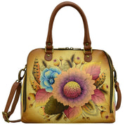 Anna by Anuschka style 8254, handpainted Organizer Satchel. Rustic Bouquet painting in tan color. Featuring two multipurpose pockets, two credit card holders, two Pen holders and an ID window, built-in organizer, Fits E-Reader, Fits tablet.