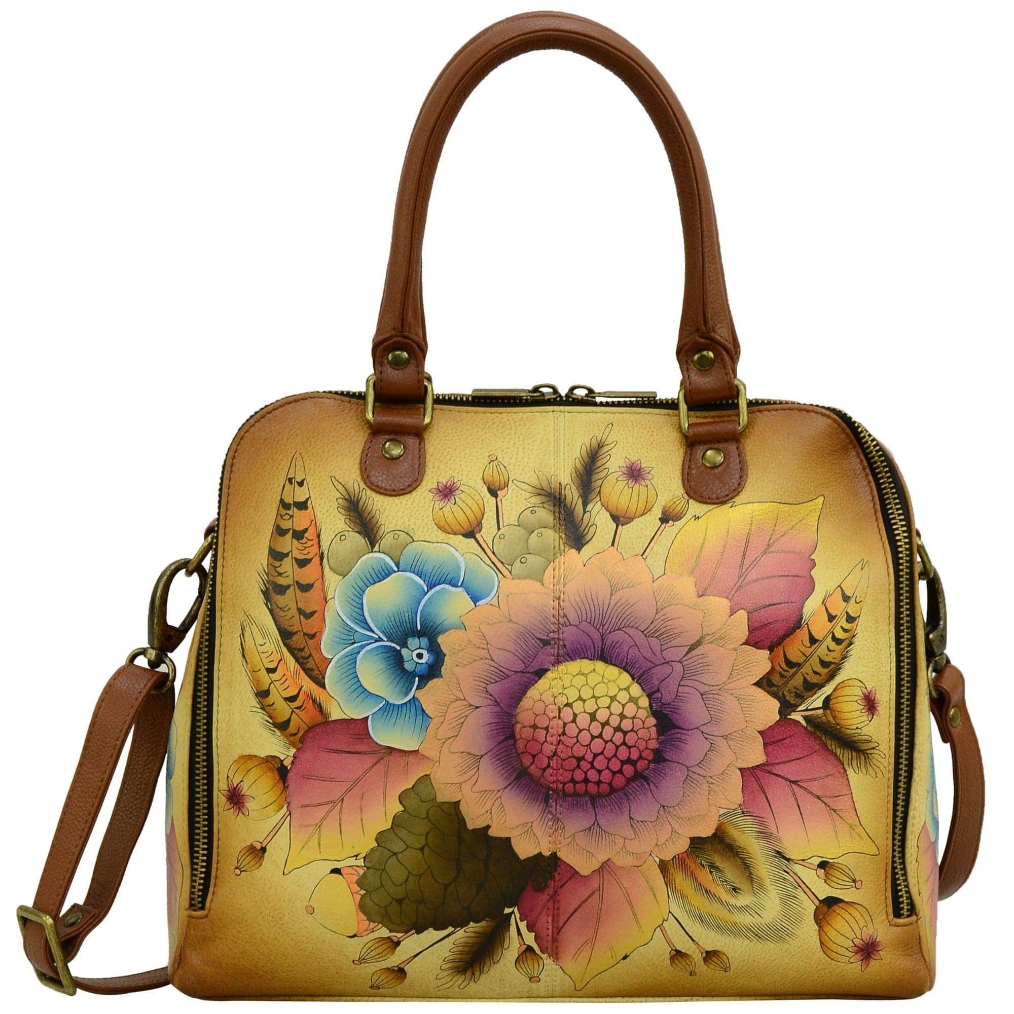 Anna by Anuschka style 8254, handpainted Organizer Satchel. Rustic Bouquet painting in tan color. Featuring two multipurpose pockets, two credit card holders, two Pen holders and an ID window, built-in organizer, Fits E-Reader, Fits tablet.