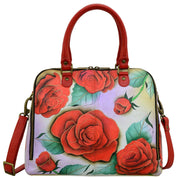 Anna by Anuschka style 8254, handpainted Organizer Satchel. Romantic Rose painting in red/wine color. Featuring two multipurpose pockets, two credit card holders, two Pen holders and an ID window, built-in organizer, Fits E-Reader, Fits tablet.