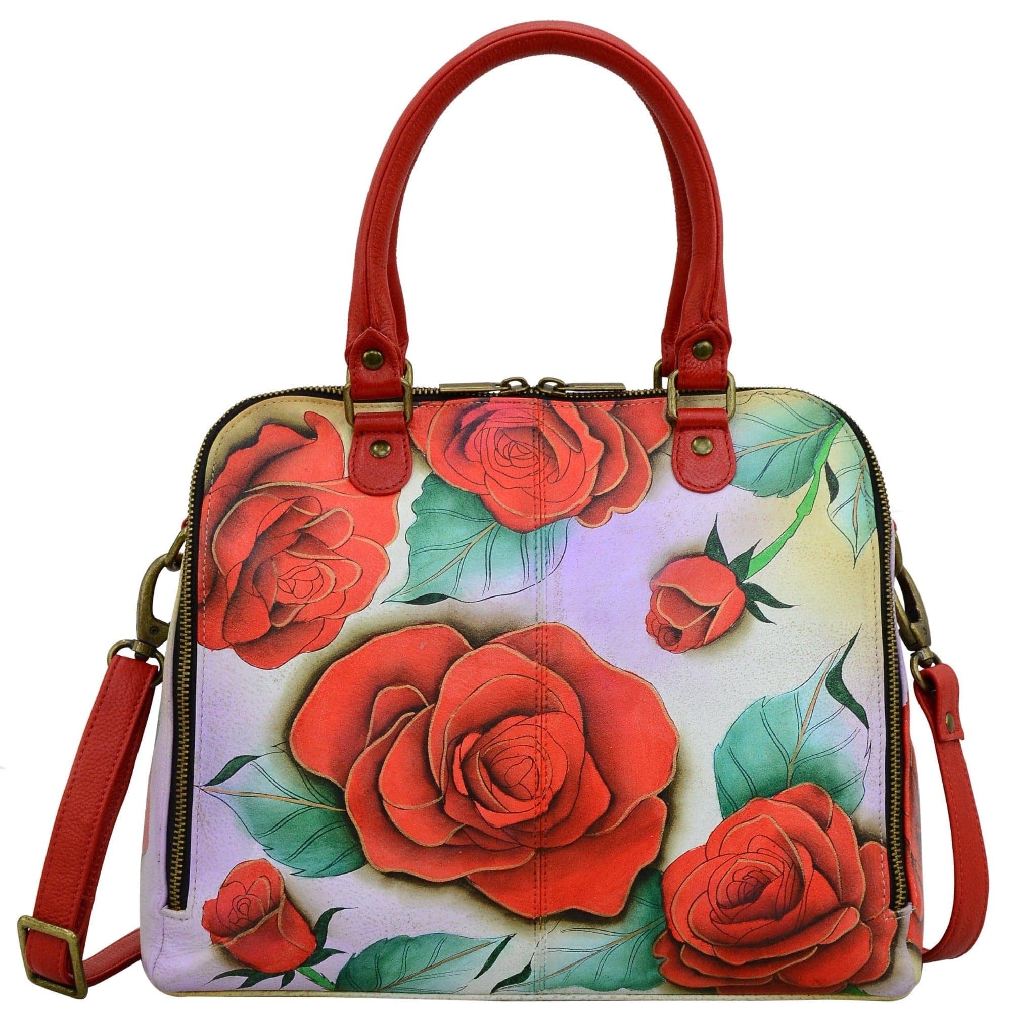 Anna by Anuschka style 8254, handpainted Organizer Satchel. Romantic Rose painting in red/wine color. Featuring two multipurpose pockets, two credit card holders, two Pen holders and an ID window, built-in organizer, Fits E-Reader, Fits tablet.