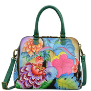Anna by Anuschka style 8254, handpainted Organizer Satchel. Whimsical Garden painting in green/mint color. Featuring two multipurpose pockets, two credit card holders, two Pen holders and an ID window, built-in organizer, Fits E-Reader, Fits tablet.