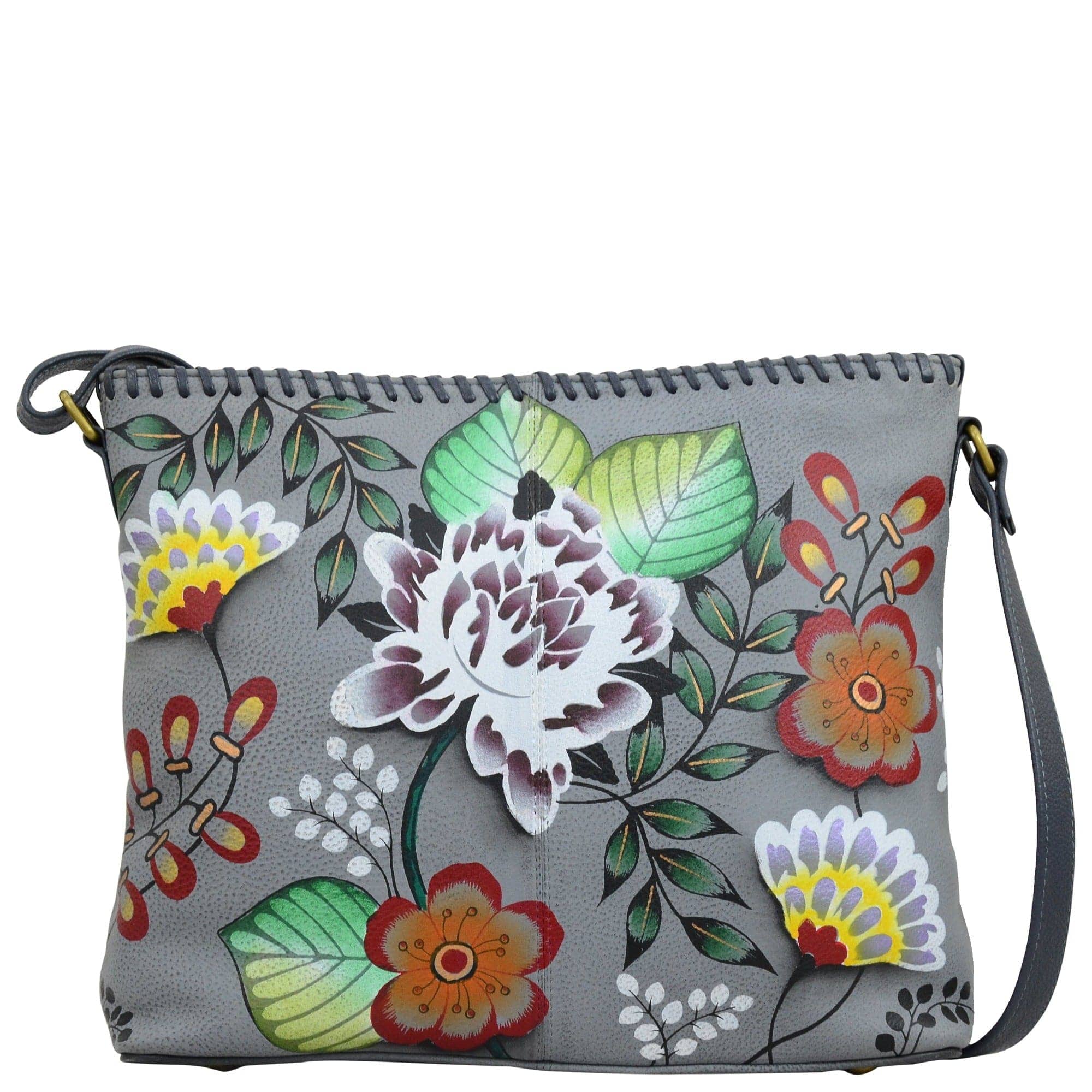 Anna by Anuschka style 8260, handpainted Shoulder Bag. Garden Of Eden painting in grey color. Featuring magnetic snap button entry to main compartment, One open wall pocket, two multipurpose pockets, Fits E-Reader, Fits tablet.