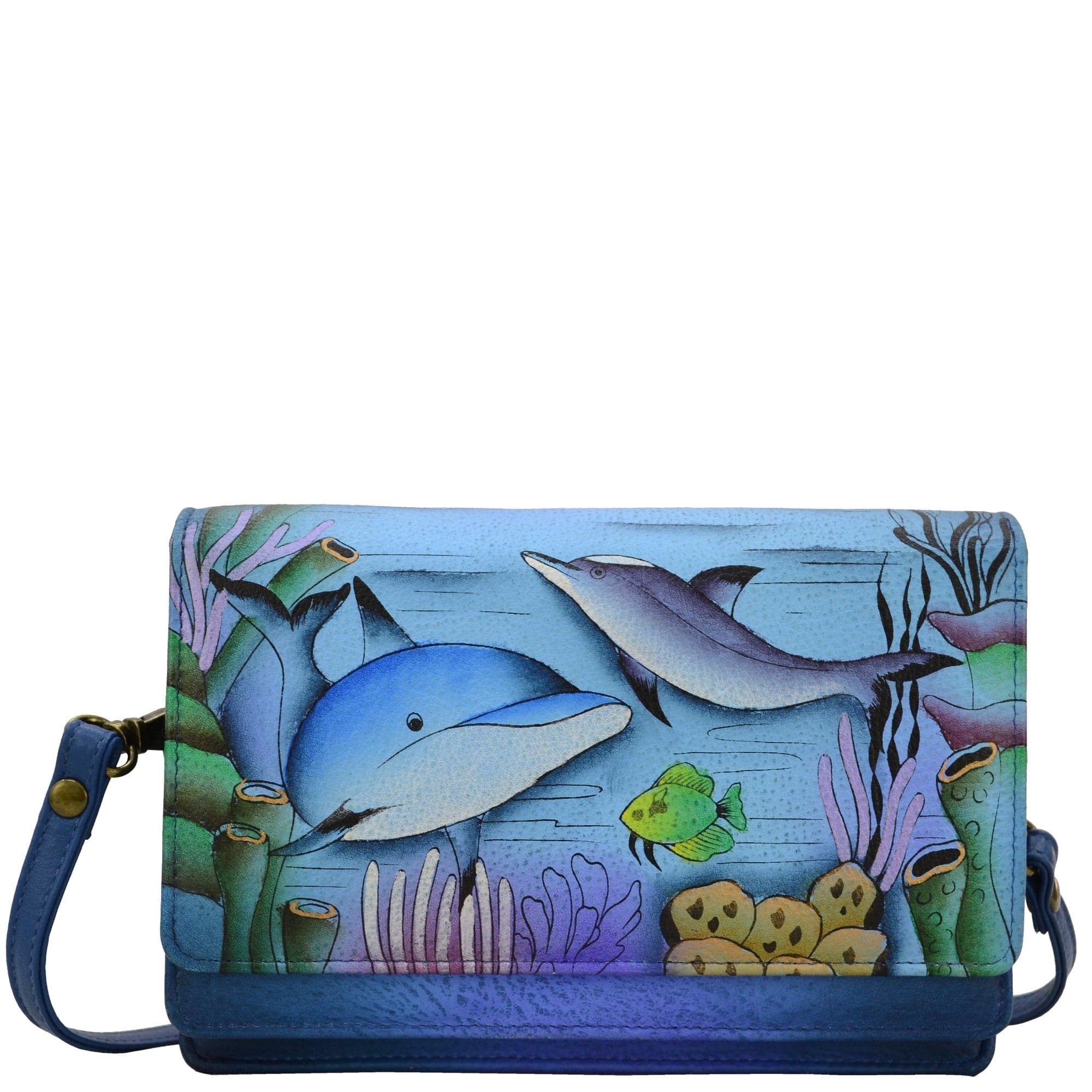 Anna by Anuschka style 8262, handpainted Flap Organizer Cross Body. Playful Dolphin painting in blue color. Featuring ten credit card holders, two ID window, one zippered pocket, Removable strap, Fits phone, Built-in organizer.