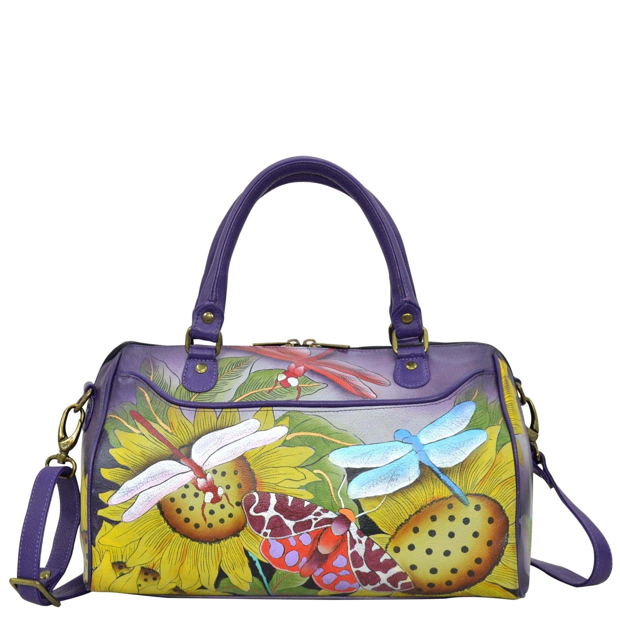 Anna by Anuschka style 8275, handpainted Zip Around Convertible Satchel. Tuscan Paradise painting in multi color. Featuring inside zippered compartment, zippered wall pocket, two multipurpose pockets, front full length pocket with magnetic snap button and Expandable side gusset.