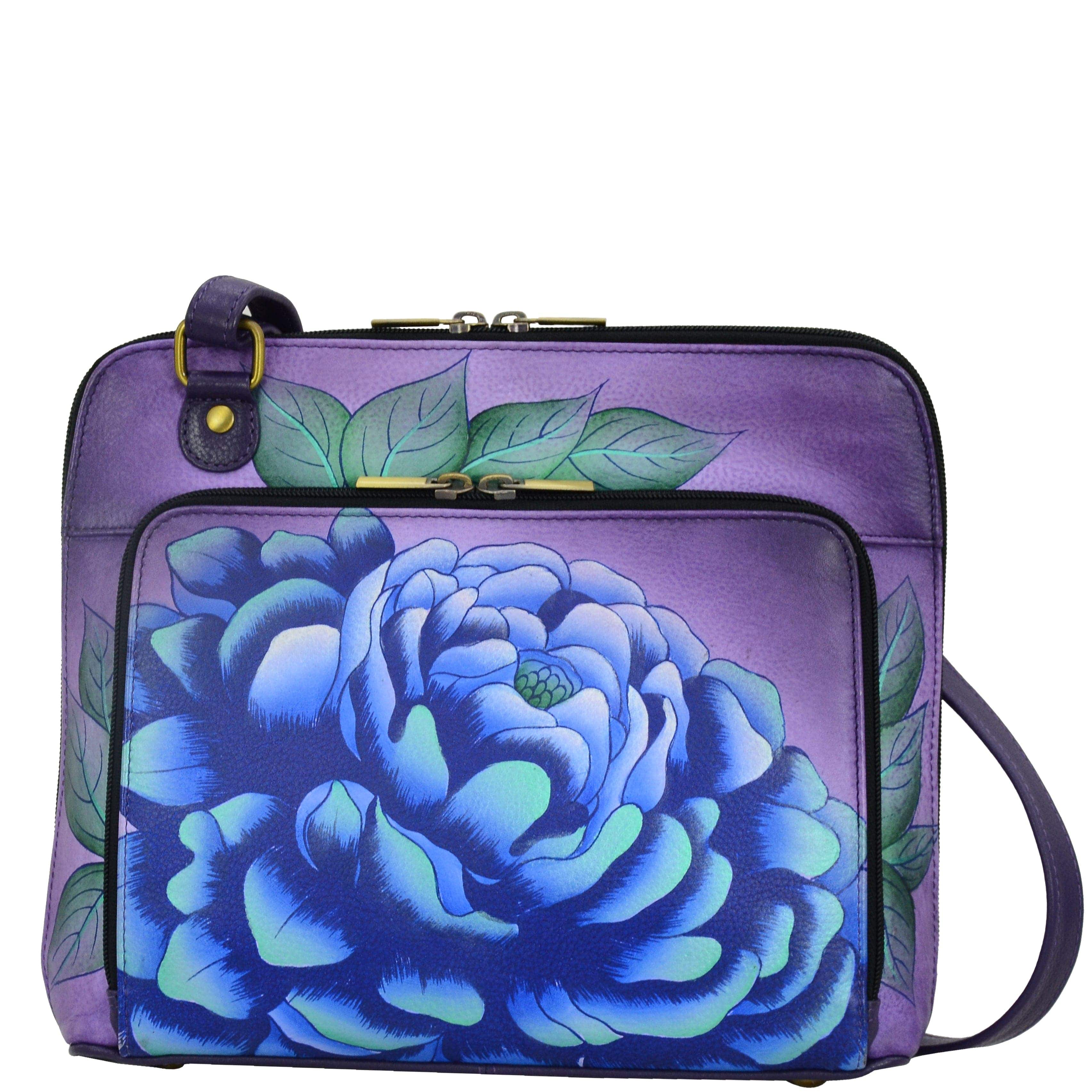 Anna by Anuschka style 8278, handpainted Zip Around Organizer. Precious Peony Eggplant painting in purple color. Featuring front Organizer compartment with Twelve credit card pocked, two ID window and one zippered pocket.