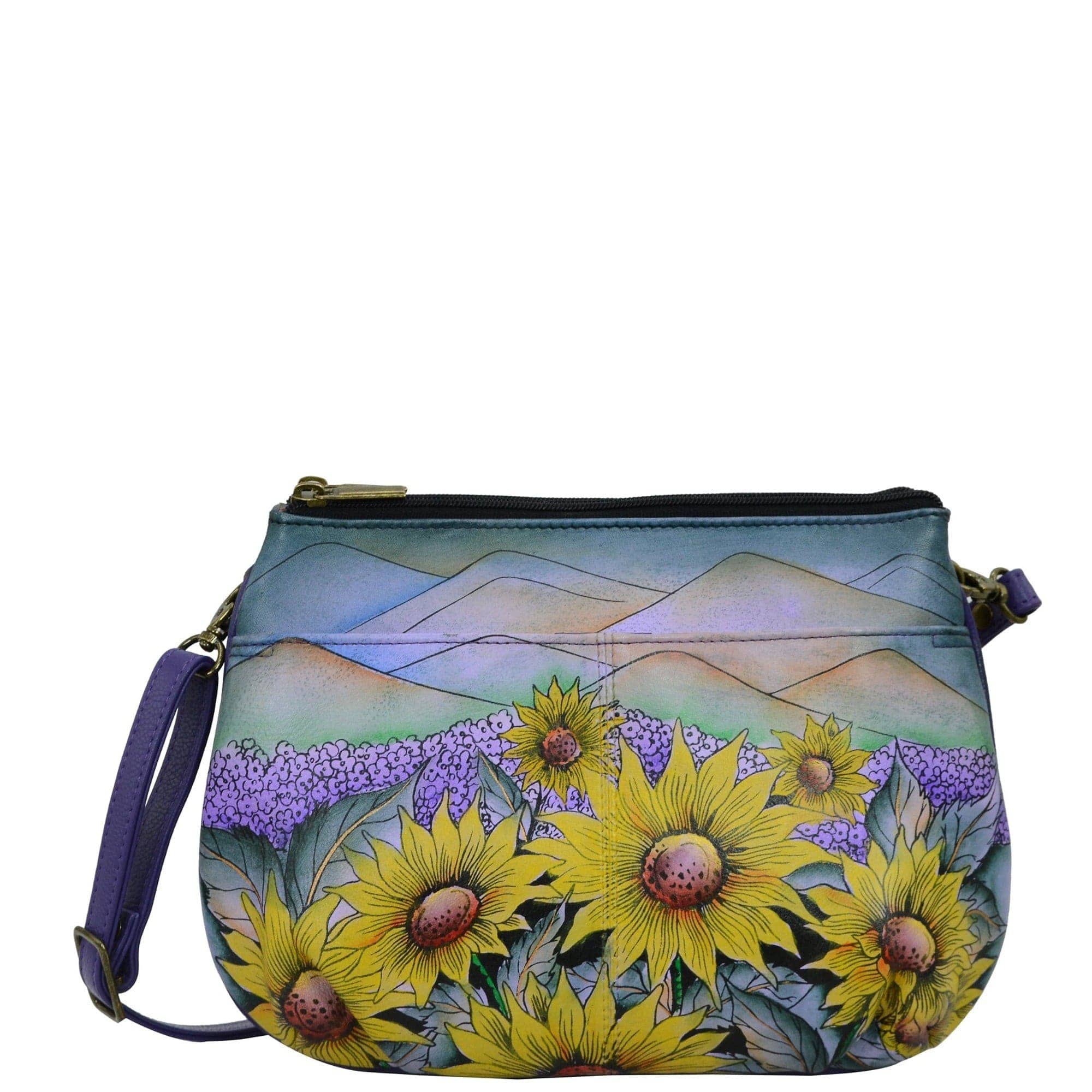 Anna by Anuschka style 8280, handpainted Small Multi Compartment Crossbody. Floral Paradise painting in white color. Featuring inside zippered wall pocket with cell and multipurpose pocket, Fits tablet, Removable strap.