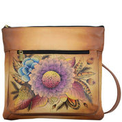 Anna by Anuschka style 8283, handpainted Medium Cross Body. Rustic Bouquet painting in tan color. Featuring inside zippered wall pocket, two multipurpose pockets, Fits E-Reader, Fits tablet.