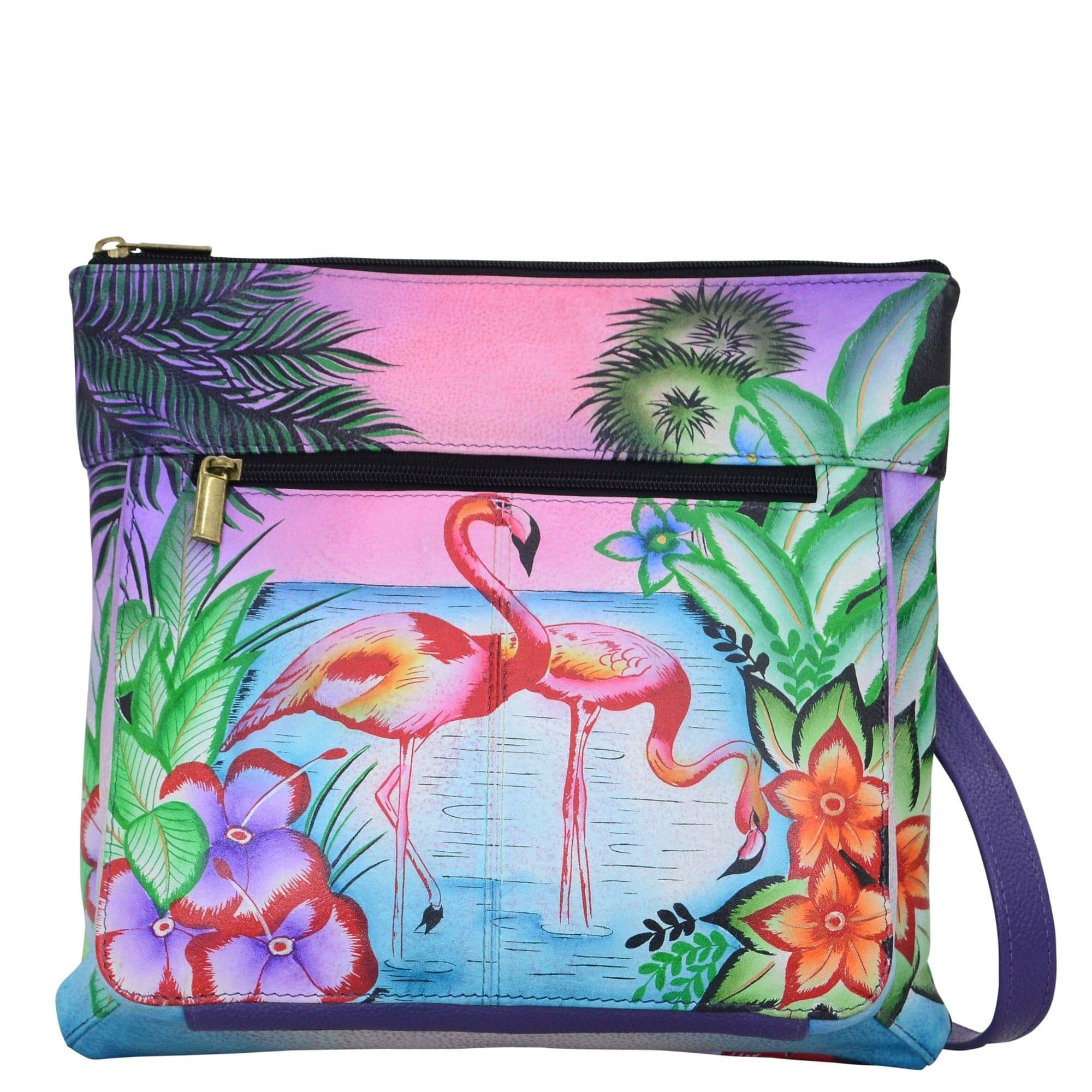 Anna by Anuschka style 8283, handpainted Medium Cross Body. Tropical Flamingos painting in purple color. Featuring inside zippered wall pocket, two multipurpose pockets, Fits E-Reader, Fits tablet.