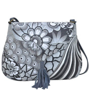 Anna by Anuschka style 8286, handpainted Flap Hobo. Patchwork Pewter painting in grey color. Featuring one full length pocket with magnetic button under flap, Fits E-Reader, Fits tablet.