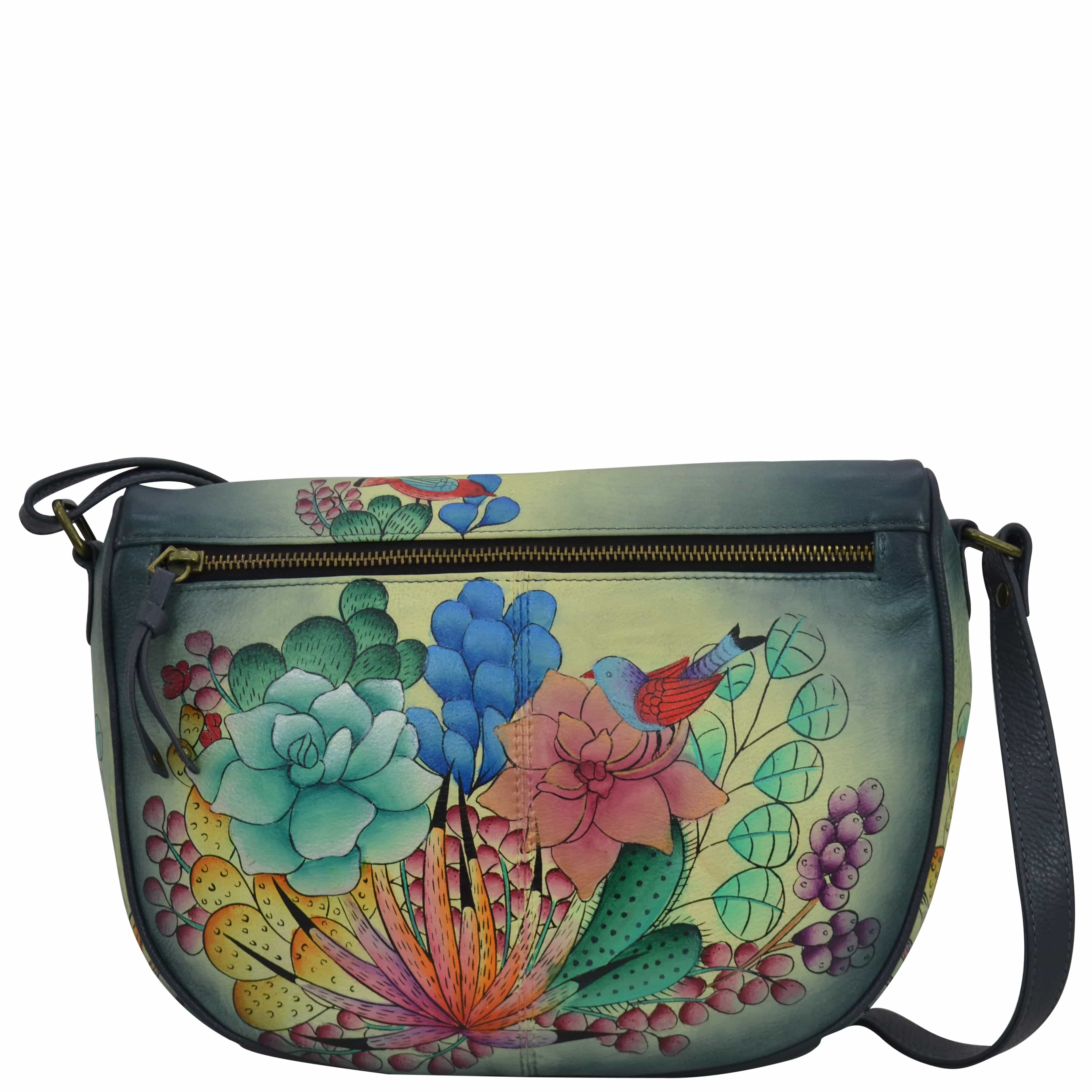 Anna by Anuschka style 8291, handpainted Medium Crossbody. Succulent Dreams painting in grey color. Featuring inside one zippered wall pocket, two multipurpose pockets, Hands-free.