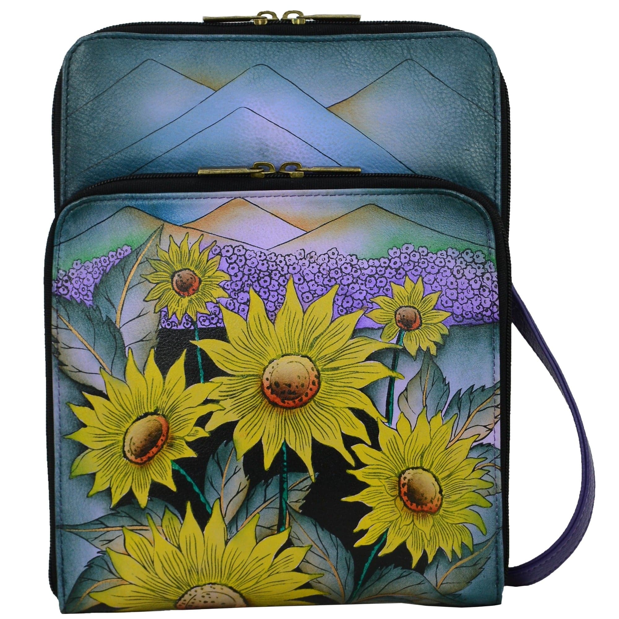 Anna by Anuschka style 8299, handpainted All Round Zippered Organizer. Hills Of Tuscany painting in multi color. Featuring front compartment with gusset has eleven credit card holders and two ID window, Built-in organizer, Fits tablet, Fits E-Reader.