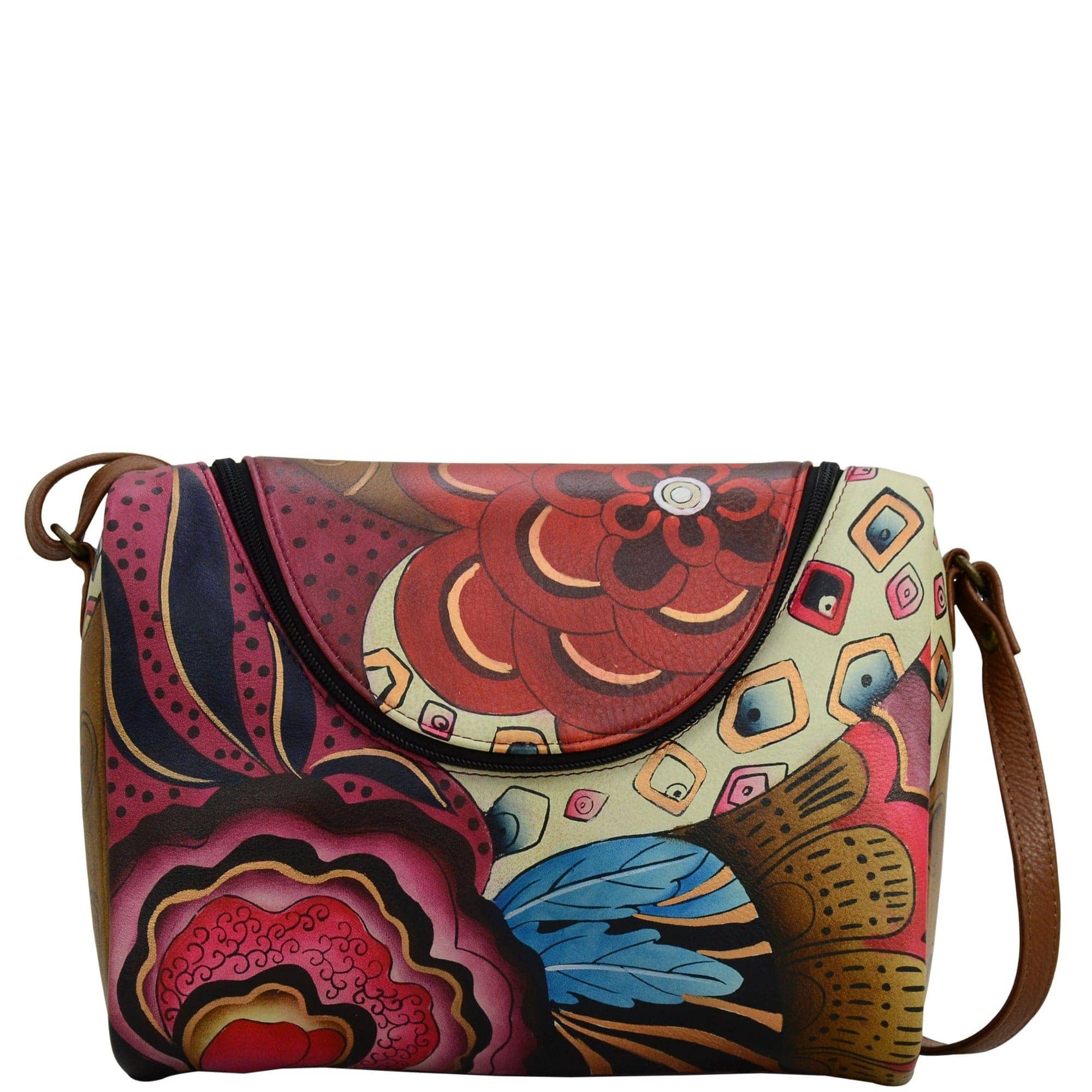 Anna by Anuschka style 8304, handpainted Medium Crossbody. Tribal Potpourri painting in brown color. Featuring double zipper entry to main compartment.