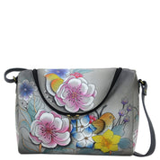 Anna by Anuschka style 8304, handpainted Medium Crossbody. Vintage Garden Grey painting in grey color. Featuring double zipper entry to main compartment.