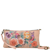 Anna by Anuschka style 8305, handpainted Medium Convertible. Vintage Garden painting in pink/peach color. Featuring inside one zippered wall pocket, two multipurpose pockets.