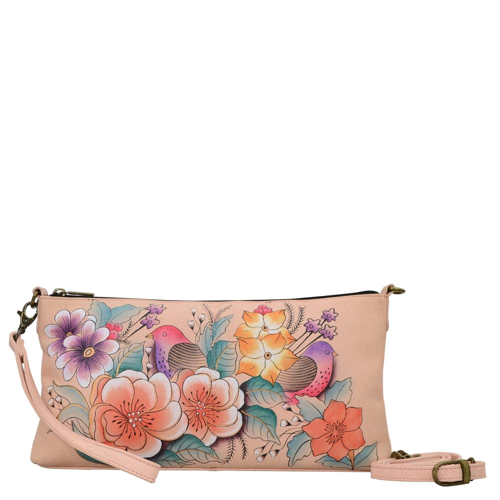 Anna by Anuschka style 8305, handpainted Medium Convertible. Vintage Garden painting in pink/peach color. Featuring inside one zippered wall pocket, two multipurpose pockets.