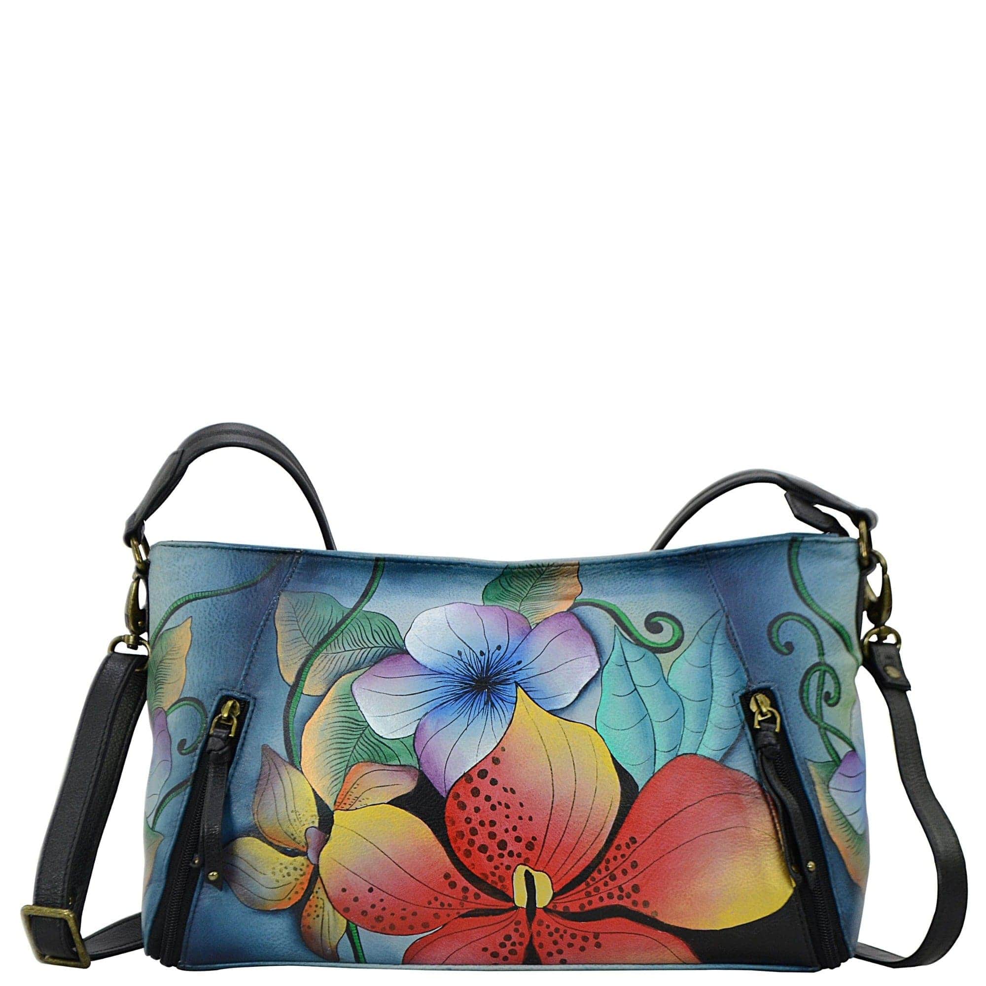 Anna by Anuschka style 8306, handpainted Wide Crossbody Satchel. Midnight Floral painting in black color. Featuring inside zippered wall pocket, two multipurpose pockets, Removable strap, Fits tablet.
