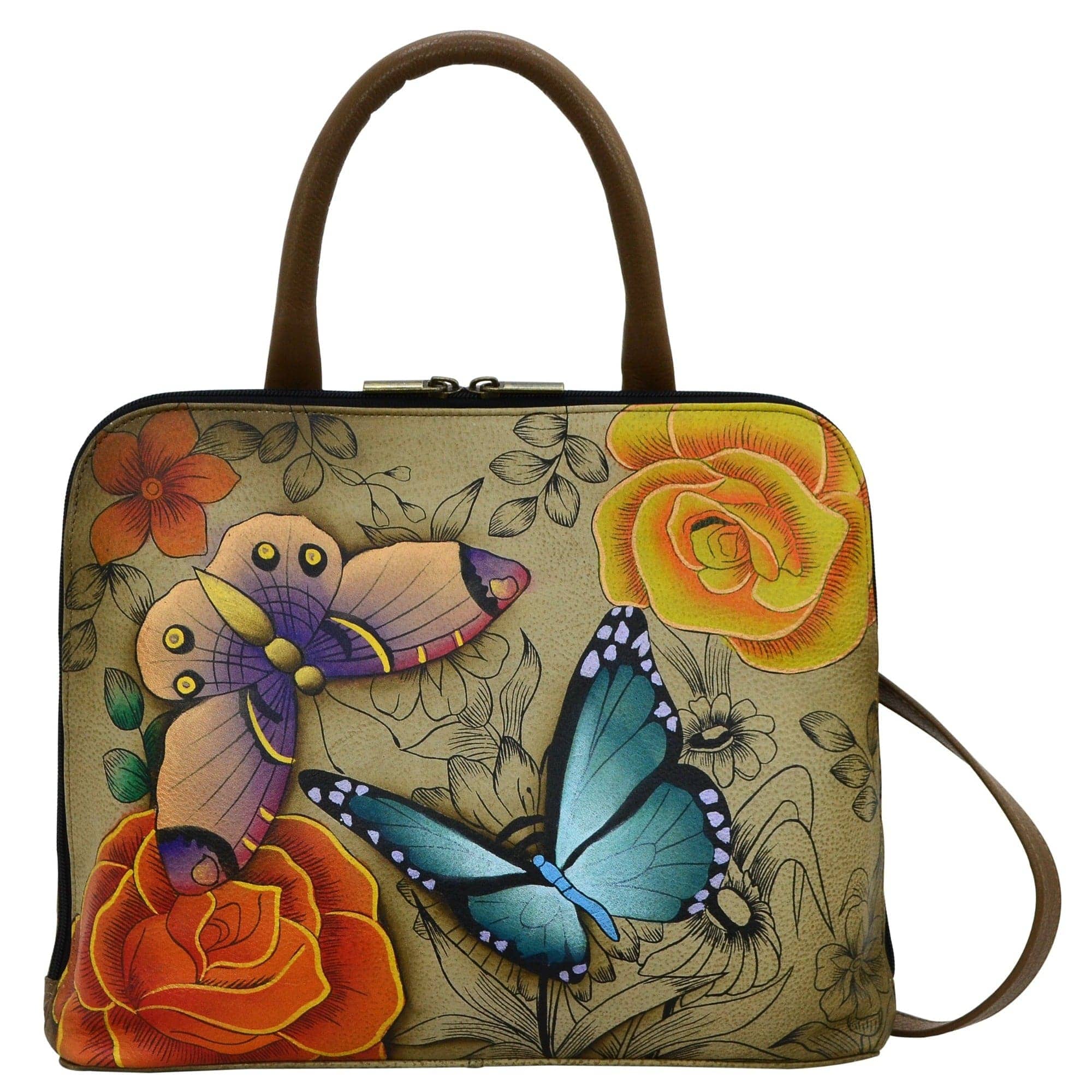Anna by Anuschka style 8308, handpainted Slim Crossbody Satchel. Floral Paradise Tan painting in tan color. Featuring all round zip entry to main compartment, Fits E-Reader, Fits tablet.