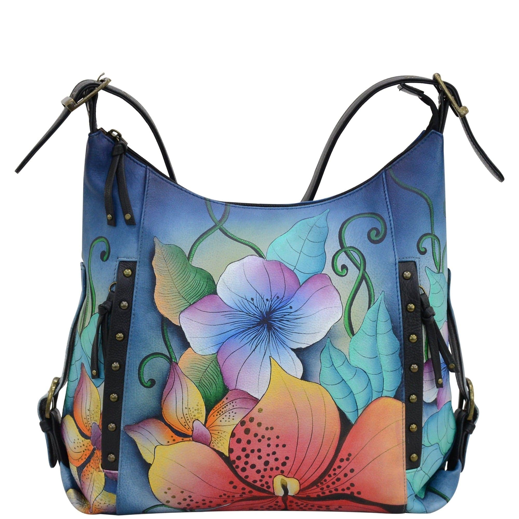Anna by Anuschka style 8311, handpainted Shoulder Hobo. Midnight Floral painting in black color. Featuring inside zippered wall pocket, two multipurpose pockets, Fits E-Reader, Fits tablet.