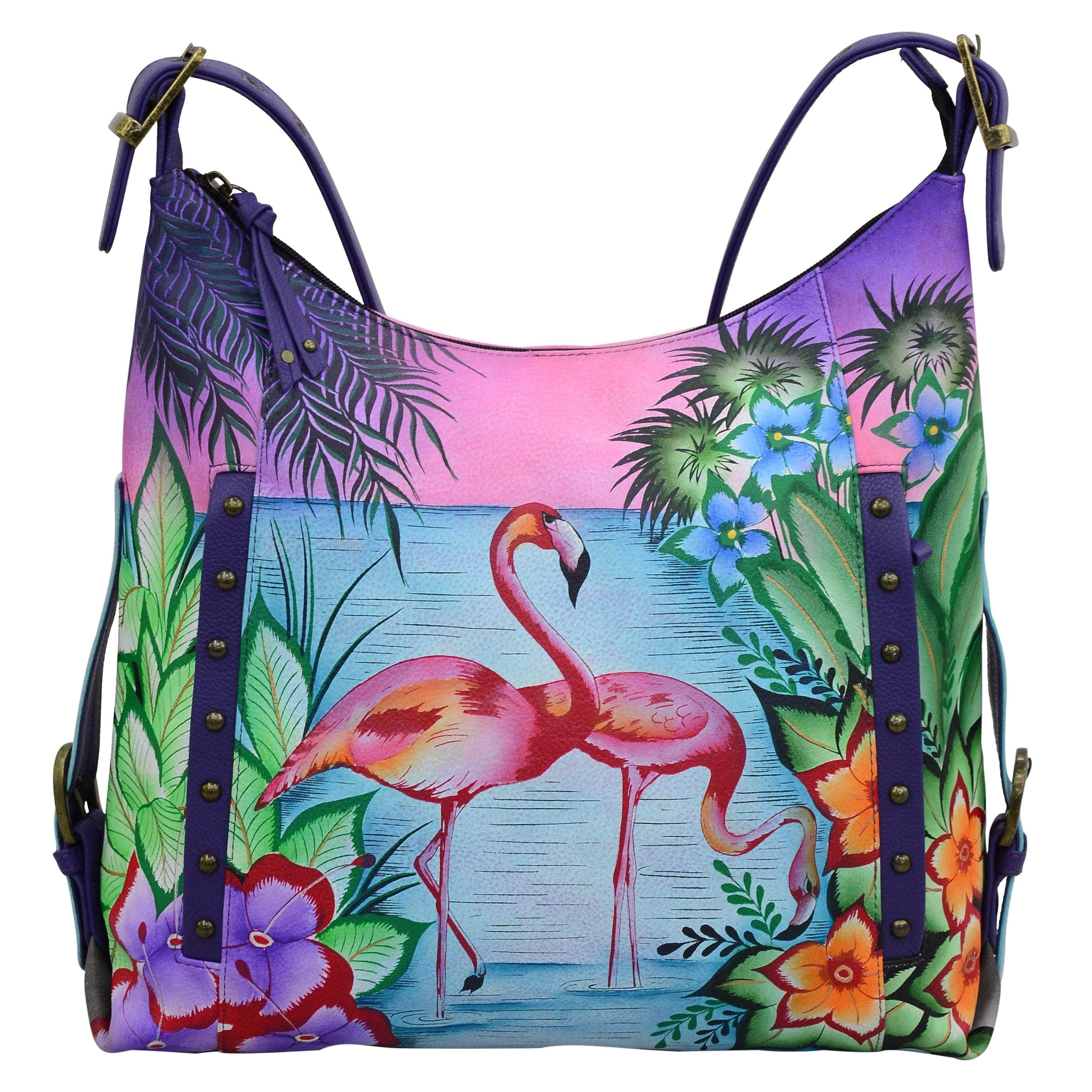 Anna by Anuschka style 8311, handpainted Shoulder Hobo. Tropical Flamingos painting in purple color. Featuring inside zippered wall pocket, two multipurpose pockets, Fits E-Reader, Fits tablet.