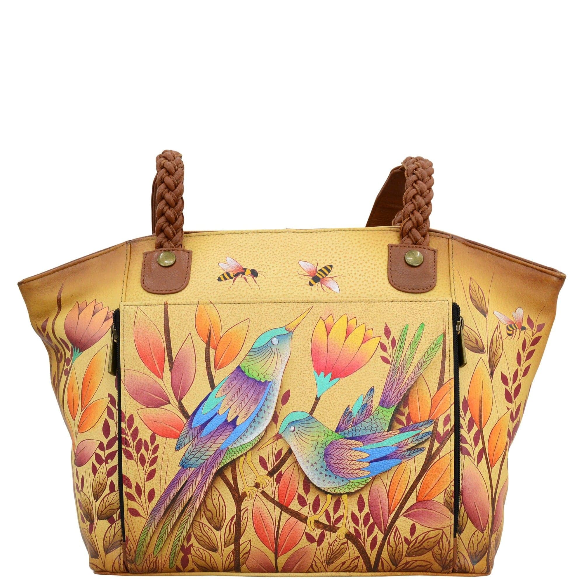 Anna by Anuschka style 8315, handpainted East-West Organizer Tote. Sienna Sunset painting in tan color. Featuring front zippered organizer chamber with eight cc holder, Built-in organizer, Fits Laptop, Fits tablet, Fits E-Reader.