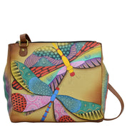 Anna by Anuschka Style 8316, handpainted Multi compartment Organizer Tote. Dancing Dragonflies painting